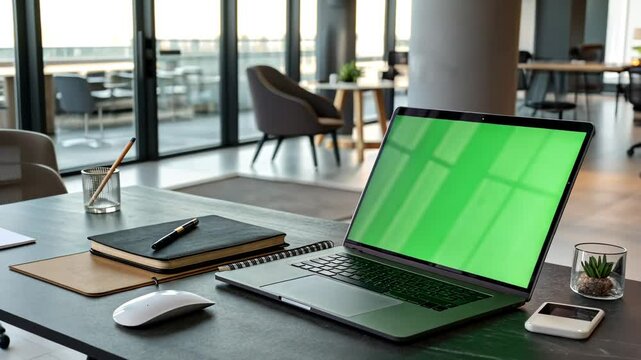 Laptop Computer Monitor Standing on a Desk with a Green Screen Chroma key. Green Screen Display with Isolated Placeholder for easy keying. 