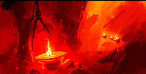 Fiery Mysticism: A Digital Fantasy Artwork of Glowing Flames, Floating Vessels, and an Intense, Dramatic Otherworldly Landscape