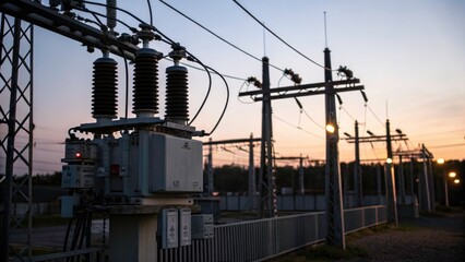 Low Light Photography of Transformers and Power Lines with Selective Focus, Capturing the Beauty of Electrical Infrastructure at Dusk