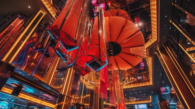 Luxurious casino interior with dramatic red decor and golden accents. Modern gaming hall featuring blackjack tables, slot machines and spectacular ceiling design. Entertainment venue for high-end gamb