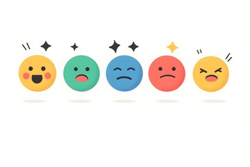 A row of five different colored faces with varying expressions