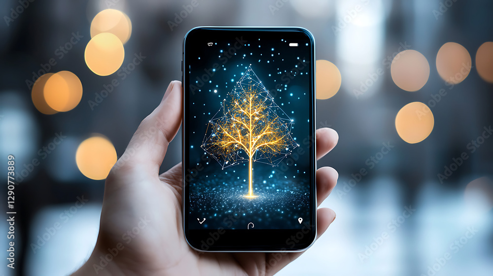 Poster digital art displaying a glowing tree on a smartphone urban setting visual art nighttime close-up te