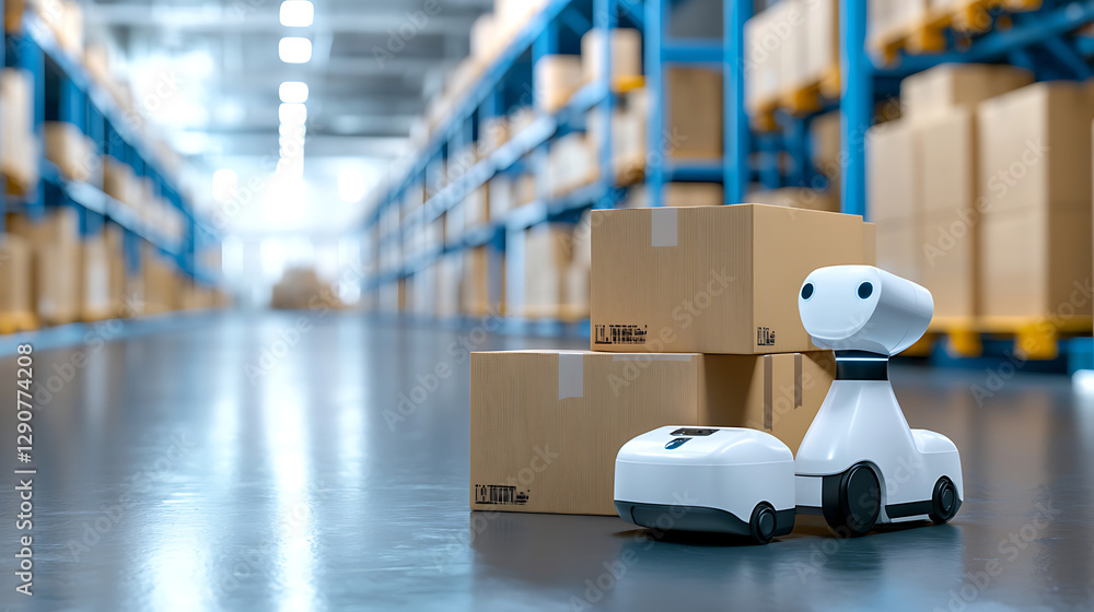 Poster autonomous robot assisting in package movement warehouse technology indoor environment close-up view