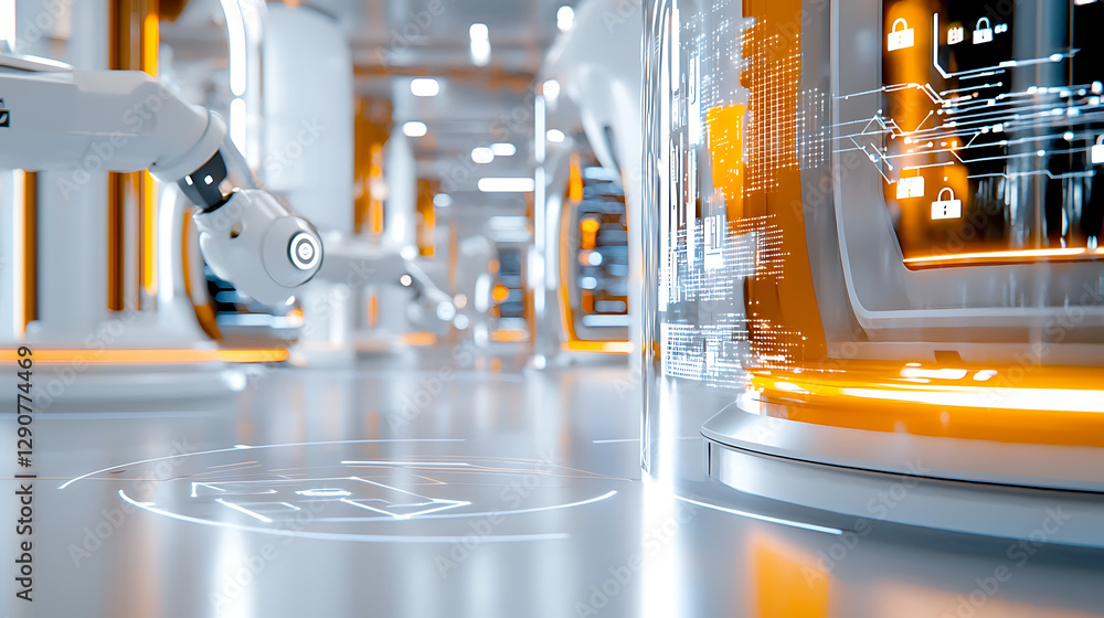 Poster advanced robotics technology in a modern industrial environment futuristic factory digital interface