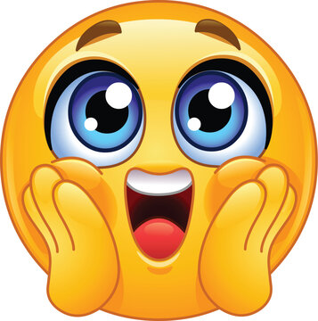 Naklejki Excited Emoji Emoticon with Wide Eyes, Open Mouth, and Hands on Cheeks, Expressing Shock, Surprise, or Amazement