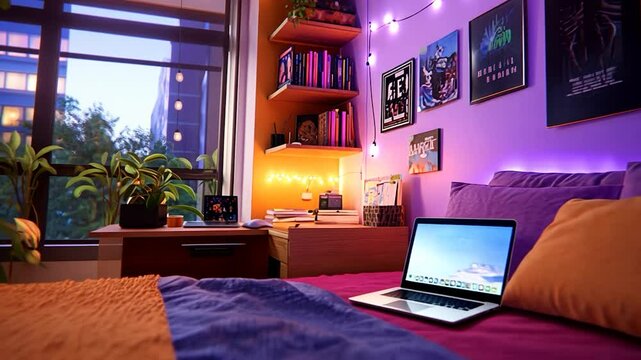 Cozy student bedroom with laptop on bed, colorful decor, city view