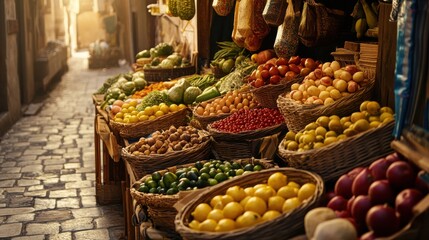 Vibrant Fruit and Vegetable Market Stalls in Sunny Marketplace