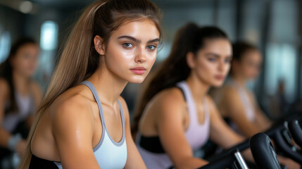 Fototapeta premium A row of young women pedaling intensely in a stylish gym, large mirrors reflecting their focused expressions and the vibrant energy of their synchronized workout.