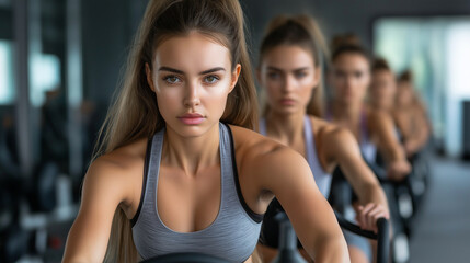 Fototapeta premium A row of young women pedaling intensely in a stylish gym, large mirrors reflecting their focused expressions and the vibrant energy of their synchronized workout.