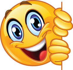 Playful Emoji Emoticon Peeking From Behind a Wall with a Big Smile