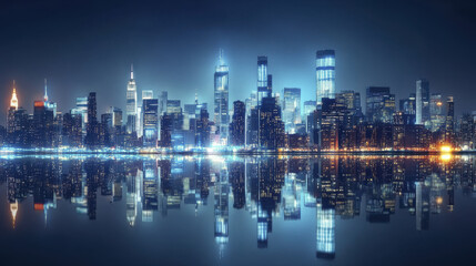 stunning city skyline reflecting off water at night, showcasing tall skyscrapers and vibrant lights. scene captures essence of urban life and modern architecture