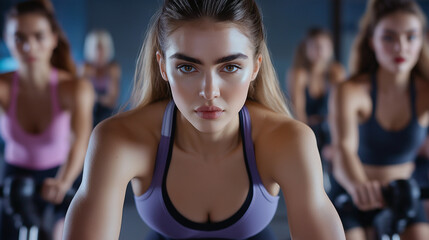 Fototapeta premium Women of various fitness levels engage in an intense spin class, their eyes locked on the instructor as they pedal hard, embracing the challenge of an exhilarating workout.