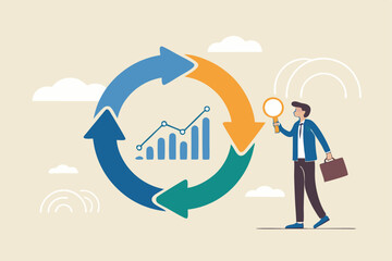 Economic cycle to study up and down on stock market, booming or recession, business cycle for marketing, statistic or data analysis concept, businessman with magnifier on economic cycle diagram.