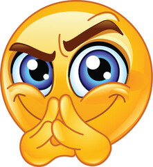 Emoji Emoticon with a Mischievous Grin, Plotting with Fingers Together and Raised Eyebrows, Expressing Sneaky or Devious Intent