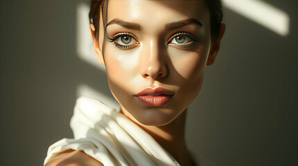 High-Resolution Portrait of a Woman with Green Eyes, Dramatic Lighting, and Soft Textured White Garment Against Neutral Background
