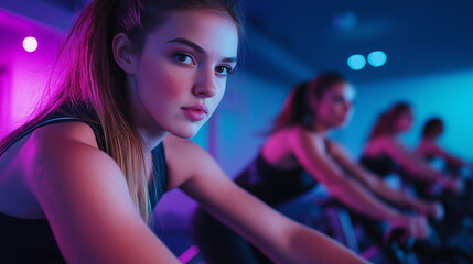Fototapeta premium Bright gym lights shine on determined young women riding stationary bikes at full speed, their athletic physiques and focused gazes highlighting their dedication to health.