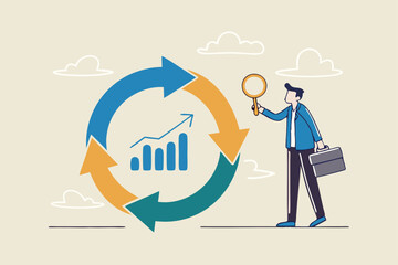 Economic cycle to study up and down on stock market, booming or recession, business cycle for marketing, statistic or data analysis concept, businessman with magnifier on economic cycle diagram.