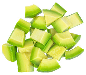 peeled avocado cubes. Avocado slices isolated on white background.