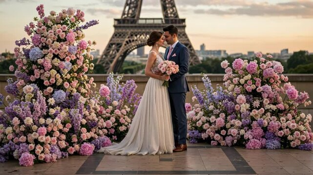 A romantic wedding couple poses amidst vibrant floral decorations