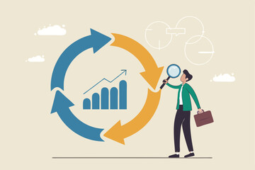 Economic cycle to study up and down on stock market, booming or recession, business cycle for marketing, statistic or data analysis concept, businessman with magnifier on economic cycle diagram.