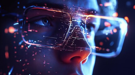 Futuristic Digital Glasses Technology Person Face Neon Lights Abstract Modern Design Innovation Digital Art Graphic Cyberpunk Interface Overlay Vision