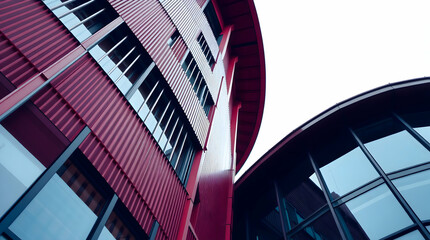 Dynamic Modern Architecture: Curved Facade with Red Panels and Reflective Glass, Showcasing Contemporary Design and Striking Contrasts