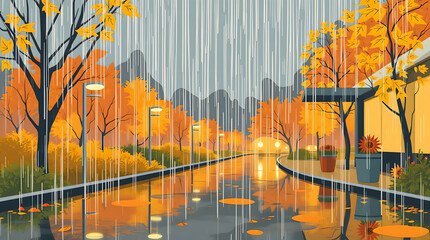 Serene Autumn Park Scene with Vibrant Foliage, Rainfall, Street Lamps, Reflections, Mountains, and Modern Building in Warm and Cool Tones