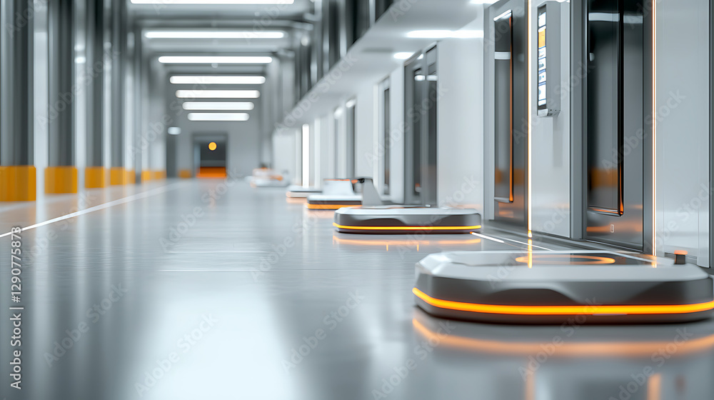 Poster automated delivery robots warehouse technology showcase futuristic environment low angle innovation 