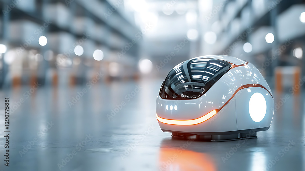 Poster autonomous robot navigating industrial warehouse technology showcase futuristic environment close-up