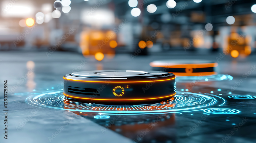 Poster automated robots navigating high-tech warehouse futuristic environment digital innovation aerial per
