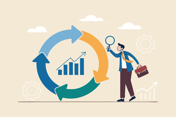 Economic cycle to study up and down on stock market, booming or recession, business cycle for marketing, statistic or data analysis concept, businessman with magnifier on economic cycle diagram.