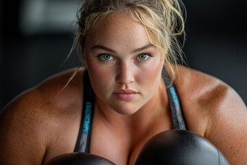 A curvy woman in a boxing ring, training with a punching bag, intense and energetic moment