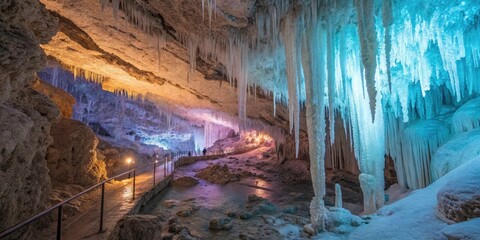 Macro Crystal Cave Photography: Icy Stalactites, Glowing Lights, Fantasy Ice Cave