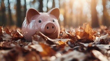 A delightful piggy bank sits among autumn leaves drenched in sunlight, highlighting the themes of saving, abundance, and the nostalgic beauty of nature in fall.