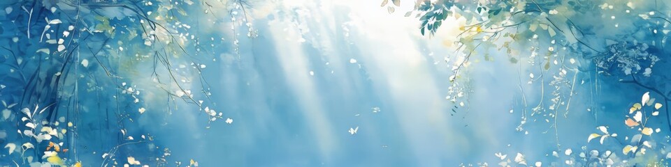 Gentle Blue Watercolor, Delicate Sketched Branches, Soft Azure Light, Ethereal Dreamscape Painting
