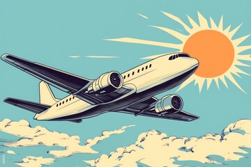 Airplane flying sunny skies, travel poster art