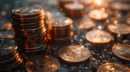 Stack of cryptocurrency coins.  Golden coins in a stack with other coins scattered around. Sparkling effect.
