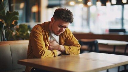 Obraz premium Stomach pain felt by a man sitting at a café table, holding his stomach. Featuring discomfort and care