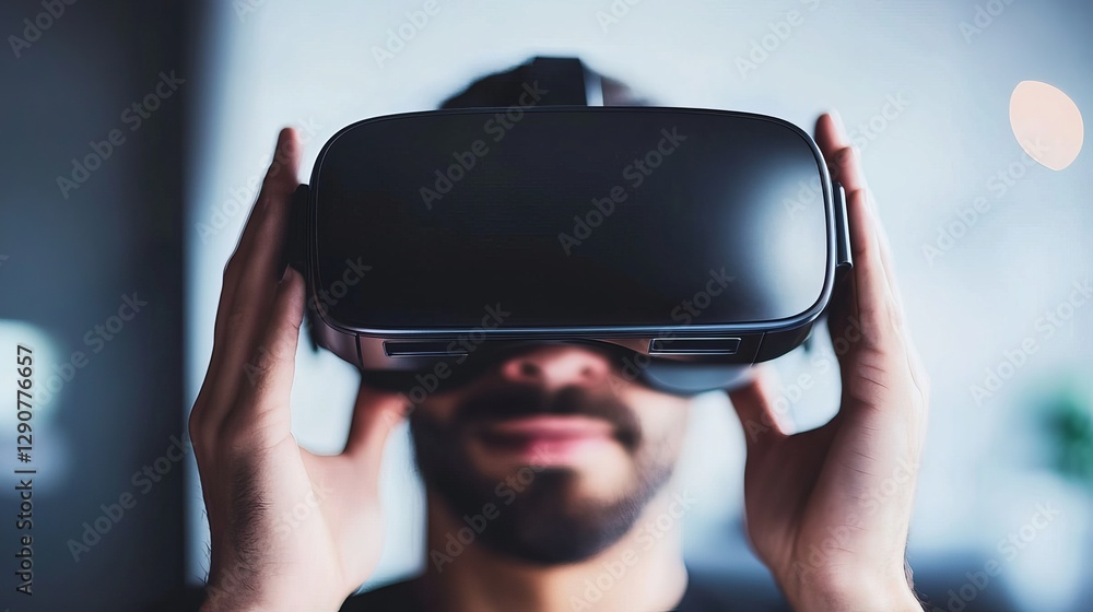 Poster man using modern virtual reality headset immersive technology experience futuristic digital world ad