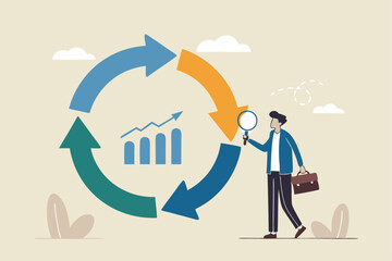 Economic cycle to study up and down on stock market, booming or recession, business cycle for marketing, statistic or data analysis concept, businessman with magnifier on economic cycle diagram.