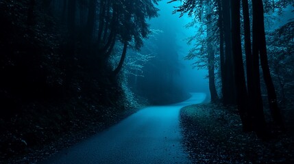 Obraz premium Dark, misty forest road winding through trees at night.