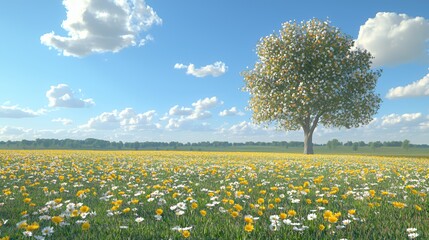 Solitary Tree in a Field of Daisies Under a Sunny Sky