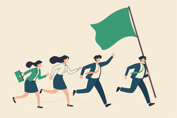 Leader determination to lead team to success, motivation to win together, direction forward for future success, victory or triumph concept, businessman leader holding winner flag leading to success.