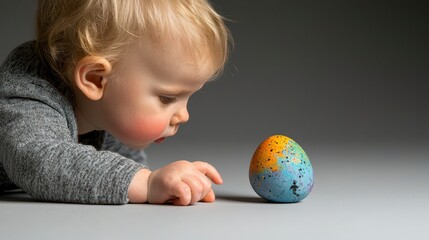 Curious Toddler Exploring Colorful Egg Toy on Gray Surface