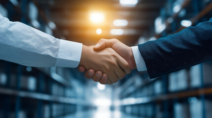 A handshake between two business partners takes place in a high-tech fulfillment center, marking the beginning of a strategic collaboration for improved efficiency.