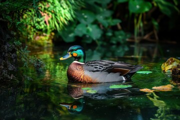 Fototapeta premium Green Wing Teal Duck: Majestic Male Waterfowl in Natural Aquatic Habitat