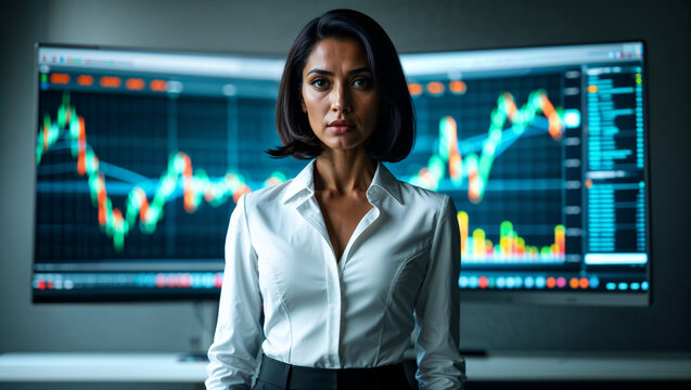 Bellissima donna di 40 anni di origini indiane in ufficio con vestito elegante davanti al monitor con i grafici dell'andamento dei mercati finanziari in borsa