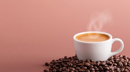 Obraz premium A pristine coffee cup filled with steaming coffee sits on a bed of dark roasted beans, providing a warm alternative to the pastel backdrop that enhances its inviting appeal.
