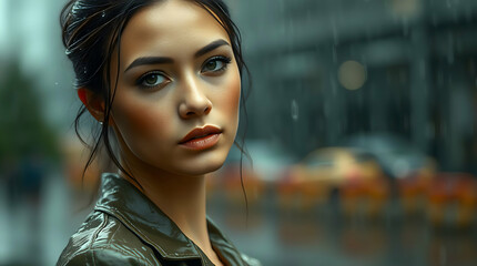 Cinematic Portrait of Woman in Dark Leather Jacket, Focused Expression, Urban Setting with Rain and City Lights.