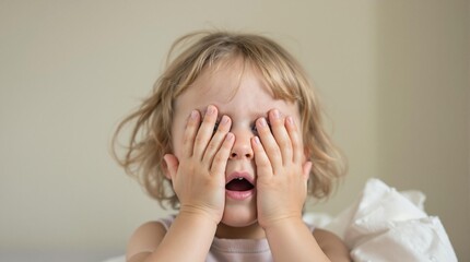 A child covers her face with her hands. A little girl is scared. Childhood fears. Domestic violence. Divorce of parents. Loss of parental rights